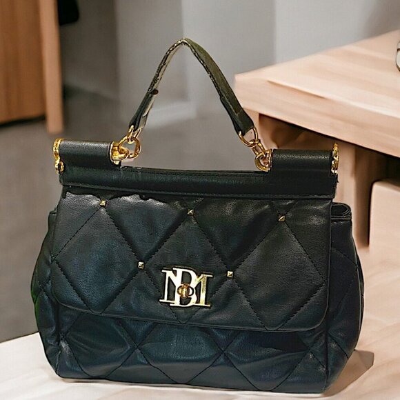 BADGLEY MISCHKA Black Vegan Leather Studded Big Diamond Quilted Top Handle Bag - Picture 2 of 11